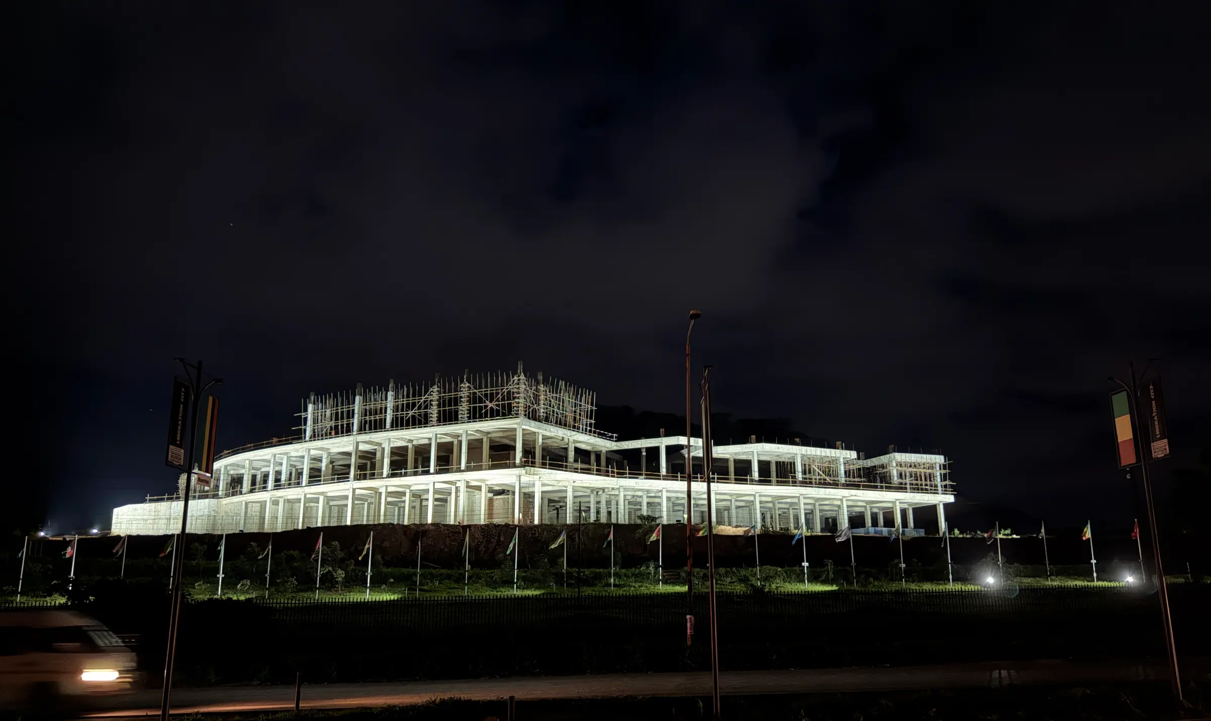 Museum of African Liberation in Harare, lit at night by Eternal during construction